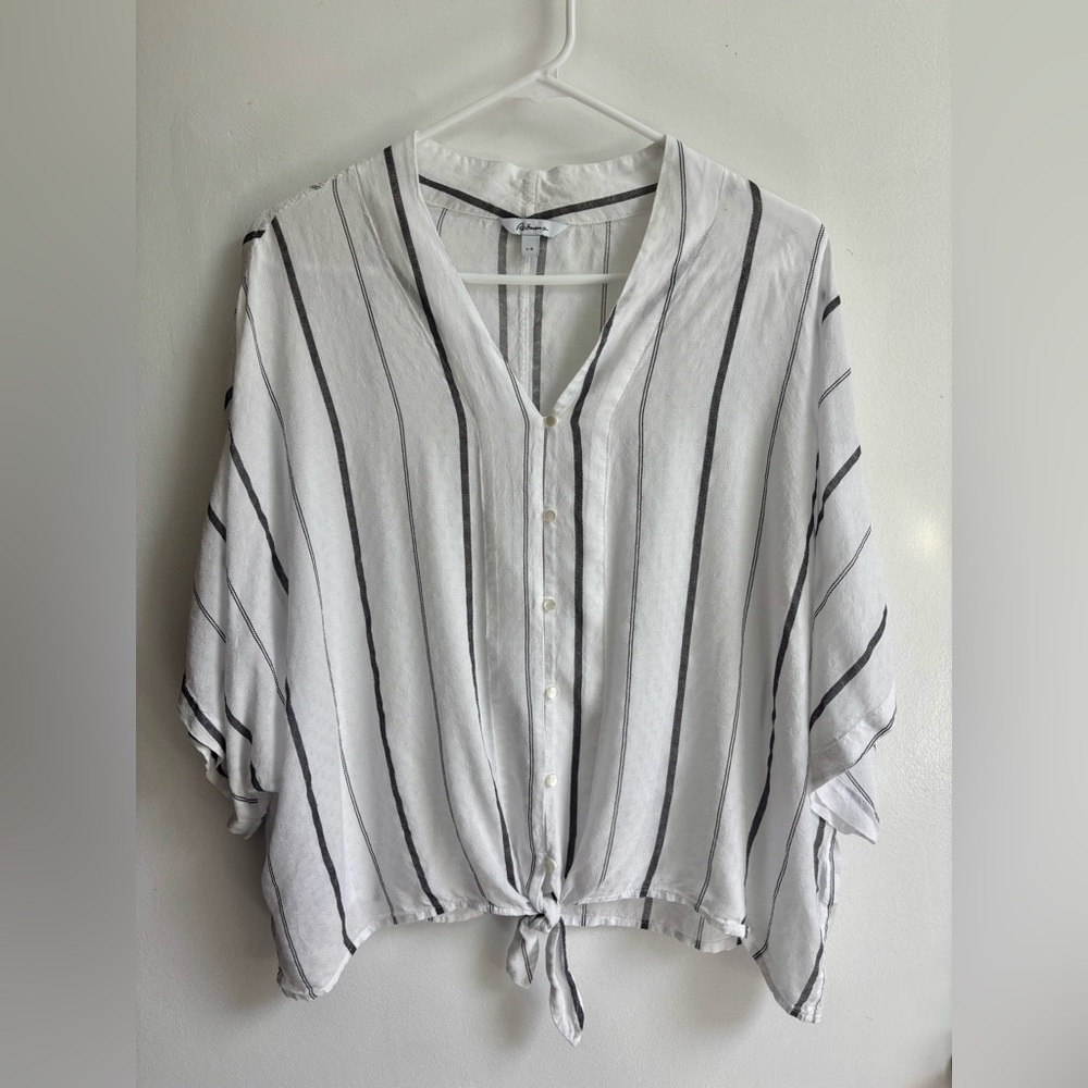Reitmans White Blouse with Black Stripes Tie Front